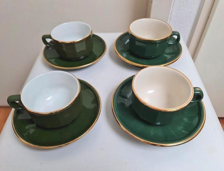 4 Franse bistro kop en schotels Apilco & Revol racing groen, Antiek en Kunst, Antiek | Porselein, Ophalen