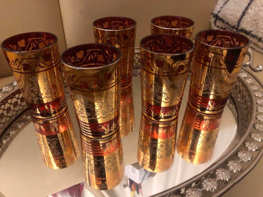 6 glazen met goud versierdb, Ophalen of Verzenden, Nieuw, Frisdrankglas