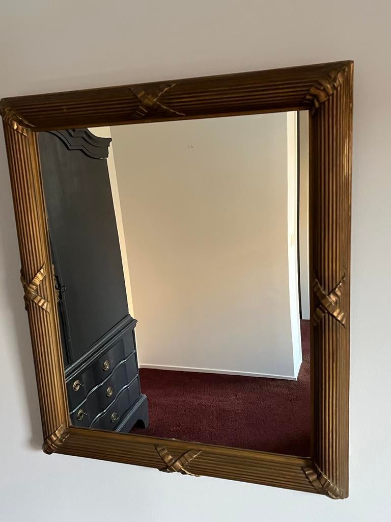 Antieke Spiegel met Stijlvolle Vergulde Houten Lijst, Ophalen of Verzenden, Rechthoekig, 50 tot 100 cm, Minder dan 100 cm