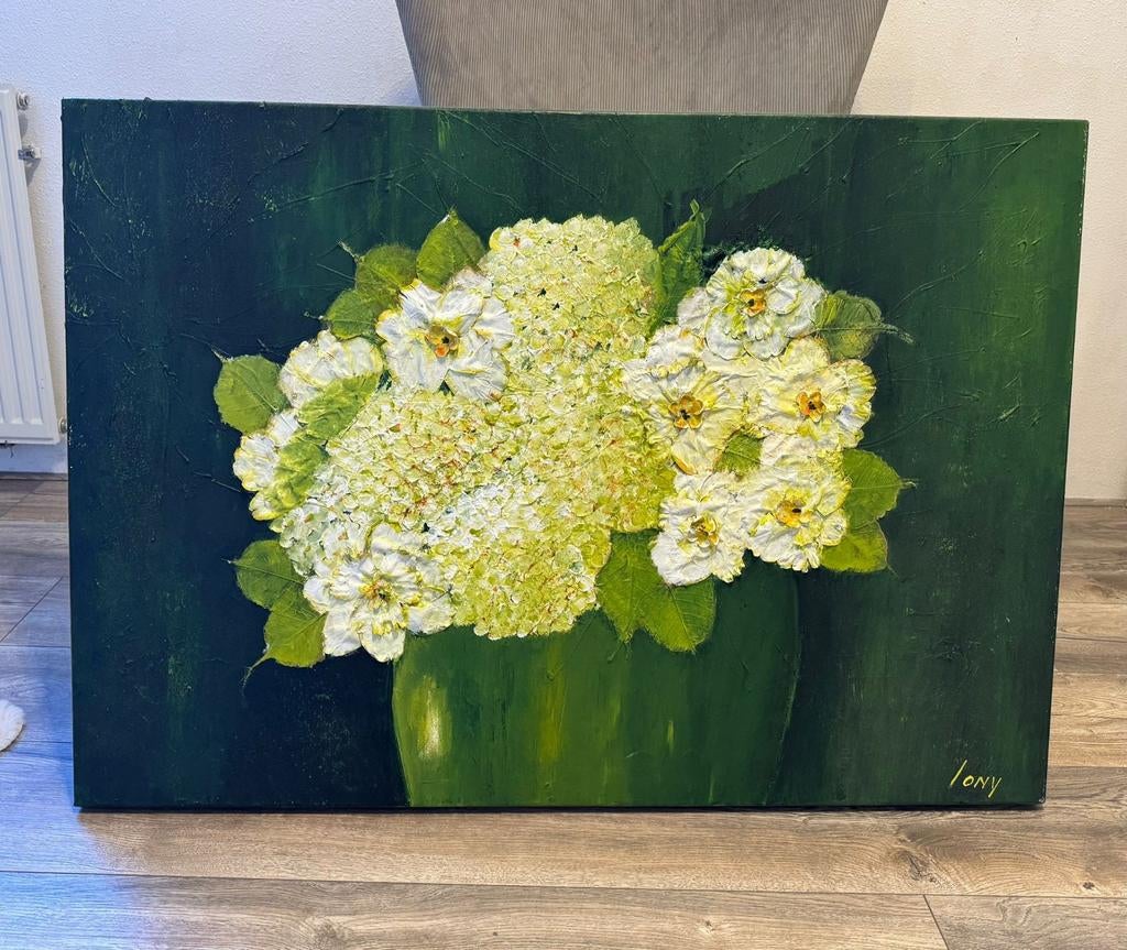 Uniek schilderij: Prachtige hortensia's in vaas, Antiek en Kunst, Ophalen of Verzenden