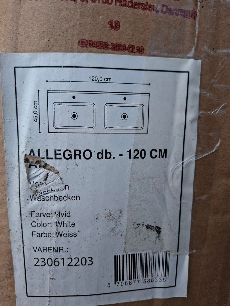 Dubbele wastafel Allegro 120 cm wit - Nieuw in doos, Doe-het-zelf en Verbouw, Ophalen, Nieuw, Wastafel