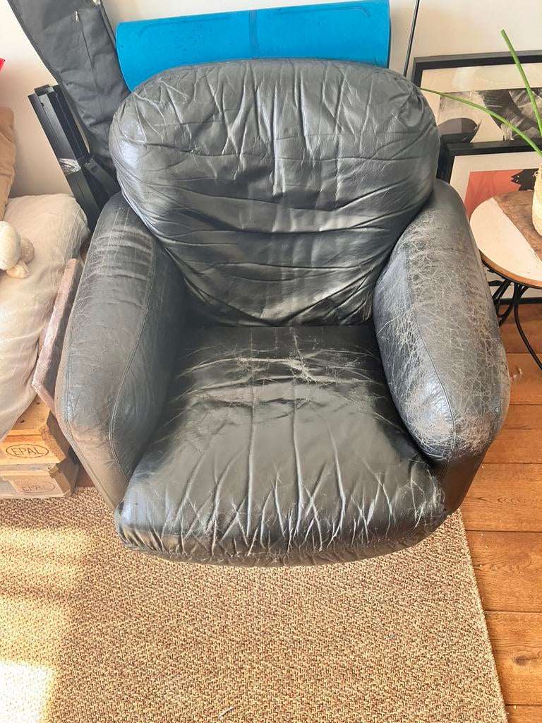 Vintage Italiaanse leren fauteuil, Ophalen, Eenpersoons, 75 tot 100 cm, Zo goed als nieuw