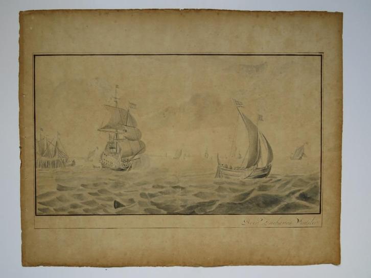 Oude tekening met schepen - Zacharias Wenteler 1765 - 1819, Antiek en Kunst, Kunst | Tekeningen en Foto's, Ophalen of Verzenden