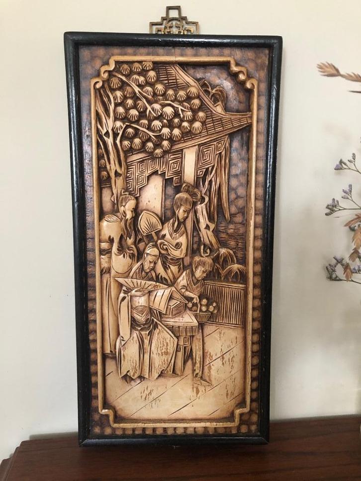 Antiek, vintage chinees houtsnede paneel, Antiek en Kunst, Kunst | Etsen en Gravures, Verzenden