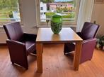 Massieve eikenhouten vierkante tafel en 2 bordeaux stoelen, Ophalen, Gebruikt, 50 tot 100 cm, 50 tot 75 cm