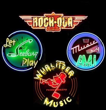 Neons Jukebox logo's Wurlitzer Ami Rockola Seeburg