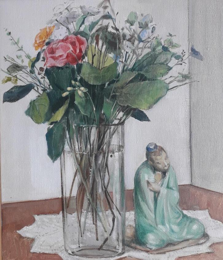 STILLEVEN BLOEMEN🌹GEMENGD BOEKET MET 2 ROZEN🌹MOOI BEELDJE, Antiek en Kunst, Kunst | Schilderijen | Klassiek, Ophalen of Verzenden