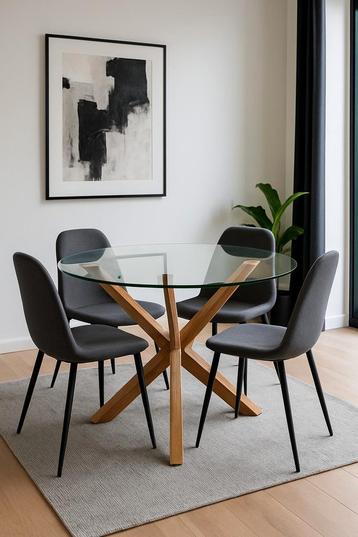ronde glazen eettafel met houten kruispoot, modern  beschikbaar voor biedingen