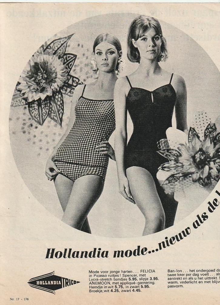 Retro reclame 1966 Hollandia dames badkleding ruitjes, Verzamelen, Retro, Overige typen, Verzenden