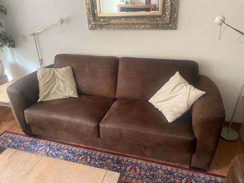 Bankstel 3-zits bruin microleder, Huis en Inrichting, Banken | Bankstellen, Gebruikt, 75 tot 100 cm, Ophalen