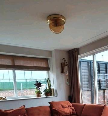 Echt vintage plafonniere plafondlamp goud bruin rookglas beschikbaar voor biedingen