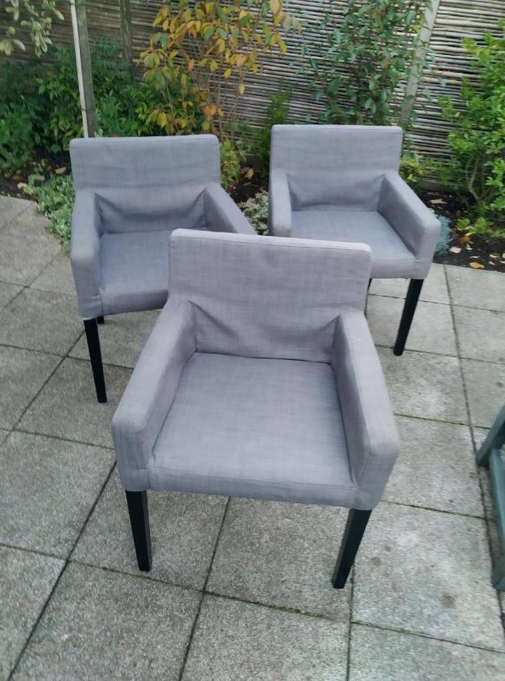 3 eetkamerstoelen voor nop, Huis en Inrichting, Stoelen, Gebruikt, Drie, Hout, Stof, Grijs, Ophalen