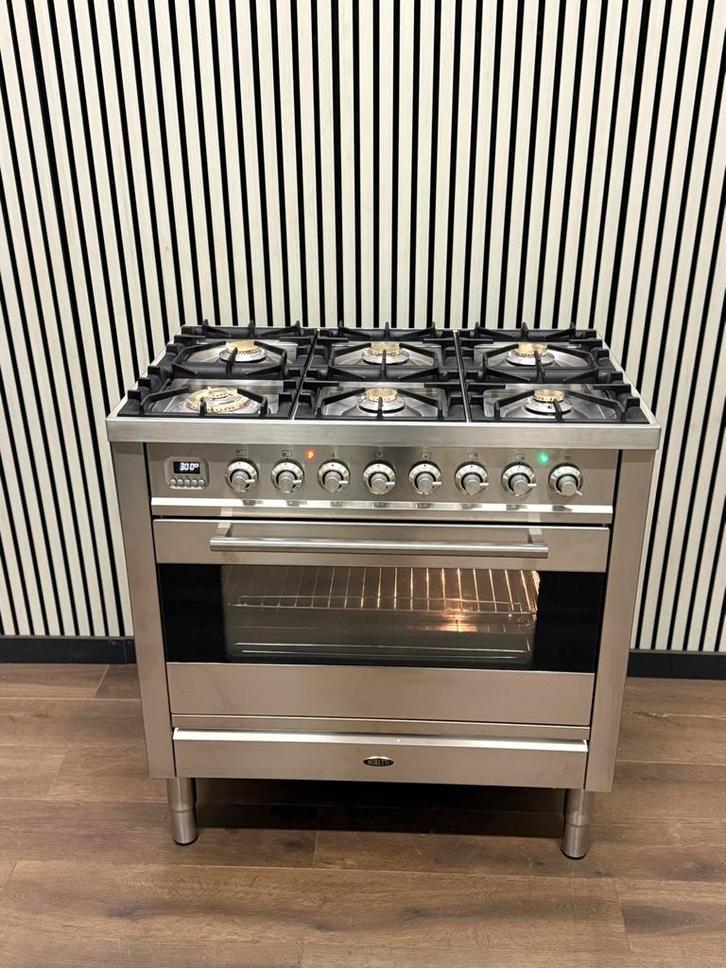 Luxe Fornuis Boretti 6 pits RVS 90 cm 300 graden oven, Witgoed en Apparatuur, Fornuizen, Zo goed als nieuw, Vrijstaand, Gas, 5 kookzones of meer