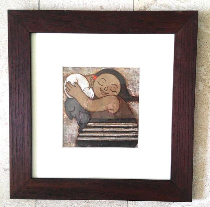 2)- Meisje met poesjes grijs en wit ca.1990 - Indiase School, Antiek en Kunst, Kunst | Schilderijen | Klassiek, Ophalen of Verzenden