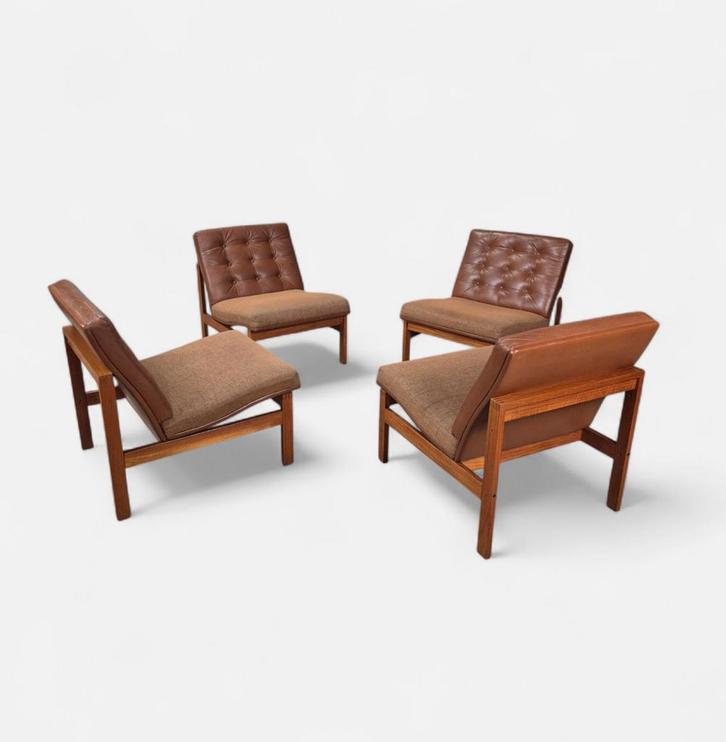 Ole Gjerløv Knudsen France & Søn modulaire set Deens 60's, Huis en Inrichting, Fauteuils, Gebruikt, Hout, Leer, Stof, 50 tot 75 cm