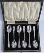 Set van zes sterling zilver koffielepelsin luxe lederen etui, Antiek en Kunst, Antiek | Goud en Zilver, Ophalen of Verzenden, Zilver