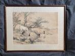 OUDE CHINESE POLYCHROME TEKENING VAN PAARDEN IN LANDSCHAP., Ophalen of Verzenden