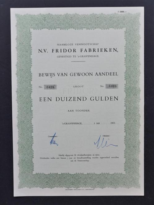 Fridor Fabrieken (Naaimachines) - 's-Gravenhage 1955, Postzegels en Munten, Aandelen en Waardepapieren, Aandeel, 1950 tot 1970