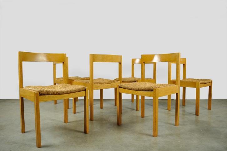 Vintage eiken eettafelstoelen met rieten zitting Geytenbeek, Huis en Inrichting, Stoelen, Gebruikt, Vijf, Zes of meer stoelen