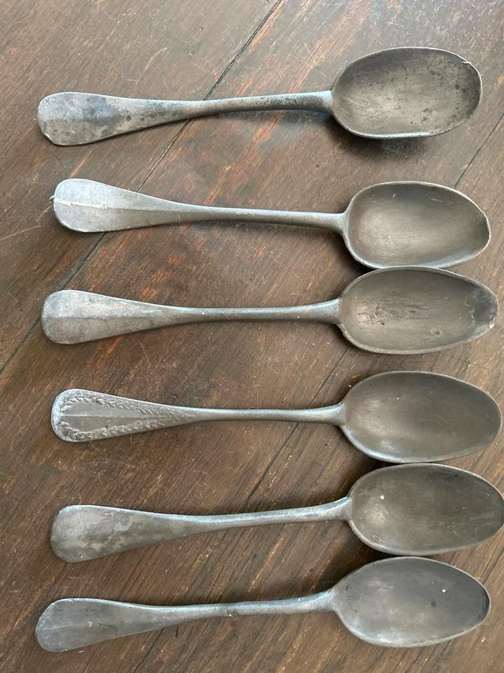 Antieke Tinnen Lepels - Set van 6 stuks - Uniek & Charmant T, Antiek en Kunst, Antiek | Tin, Ophalen of Verzenden