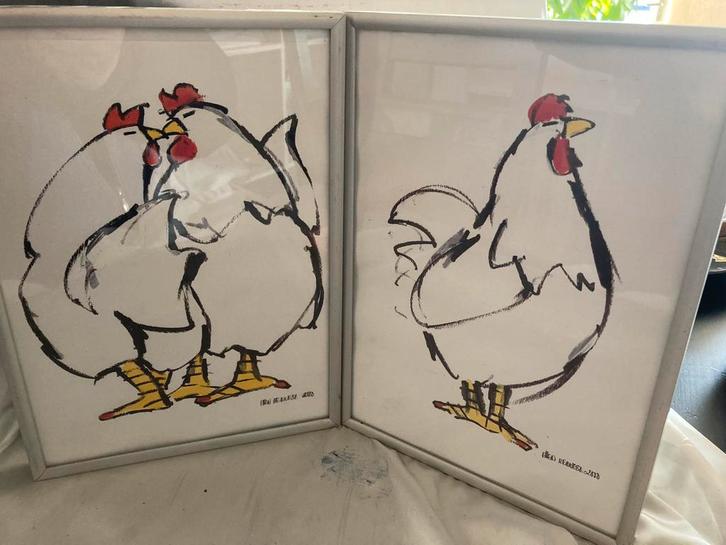 Ellen Meuwese Zeefdrukken - Kip en Kussende Kippen, Antiek en Kunst, Kunst | Litho's en Zeefdrukken, Ophalen of Verzenden