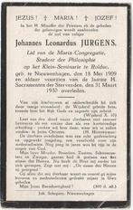 Rolduc Johannes L. Jurgens 1909 Nieuwenhagen + 1930, 20 jr, Verzamelen, Verzenden, Bidprentje