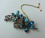 Victoriaanse vergulde broche: blauw / witte strass stenen, Sieraden, Tassen en Uiterlijk, Antieke sieraden, Ophalen of Verzenden