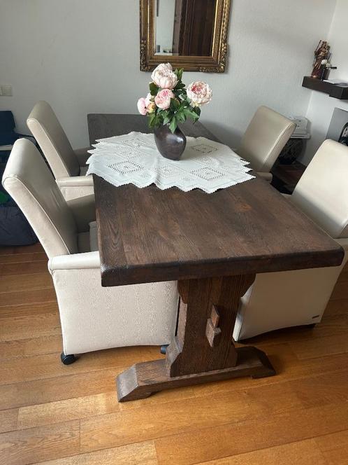Eetkamertafel met 4 stoelen, Huis en Inrichting, Stoelen, Zo goed als nieuw, Vier, Hout, Leer, Ophalen
