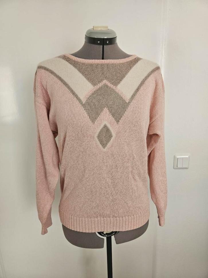 Vintage gebreide trui wol en katoen maat M, Kleding | Dames, Truien en Vesten, Zo goed als nieuw, Maat 38/40 (M), Roze, Ophalen of Verzenden