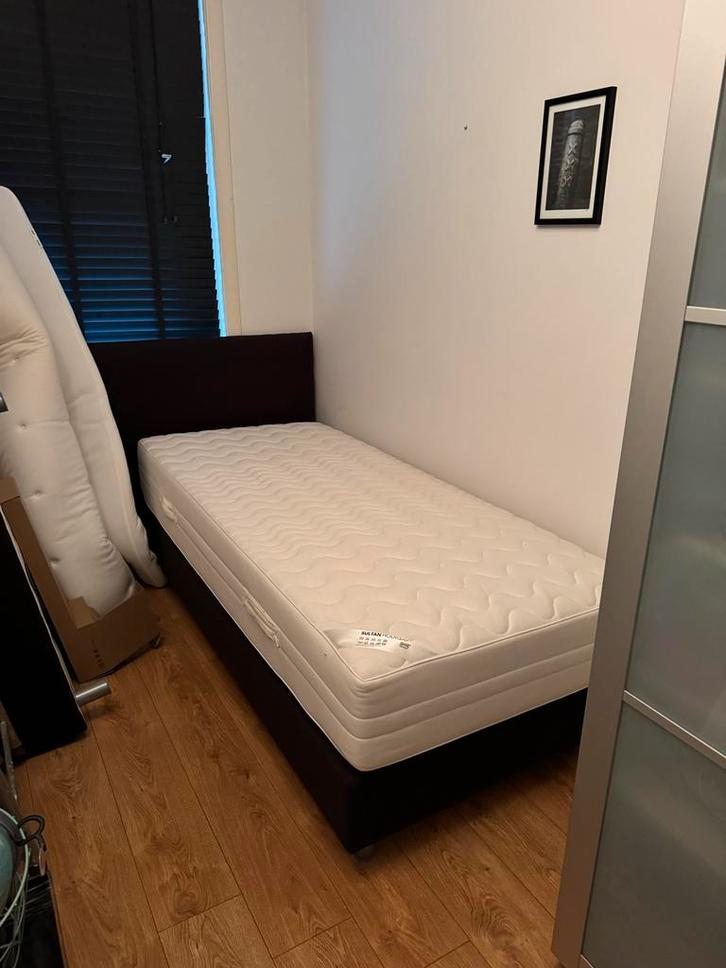 Ikea Sultan Boxspring 90x200 met Matras, Huis en Inrichting, Slaapkamer | Bedden, Gebruikt, Eenpersoons, 90 cm, 200 cm, Stof, Bruin