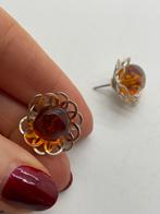 A795 Prachtige zilveren oorbellen bloem barnsteen, Sieraden, Tassen en Uiterlijk, Antieke sieraden, Ophalen of Verzenden, Zilver
