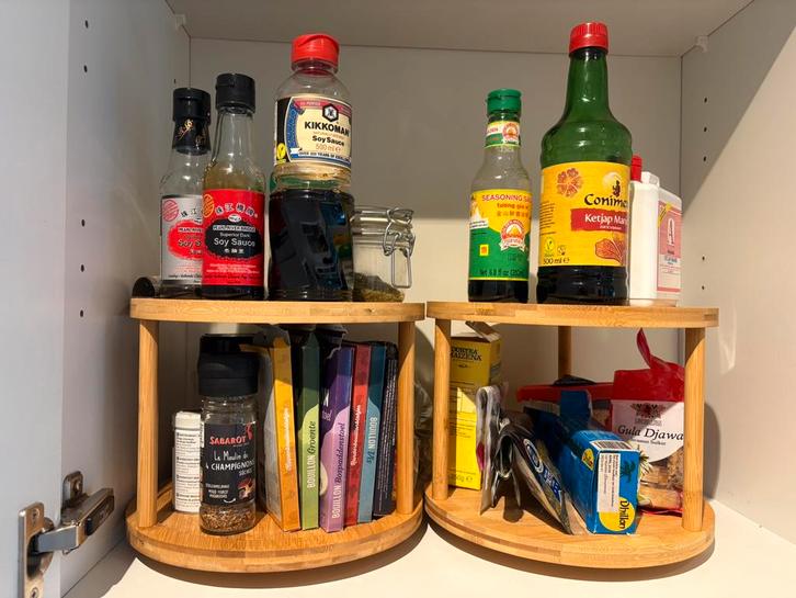 Handig bamboe draaiplateau, etagere voor in de keuken, Huis en Inrichting, Woonaccessoires | Overige, Zo goed als nieuw, Ophalen of Verzenden