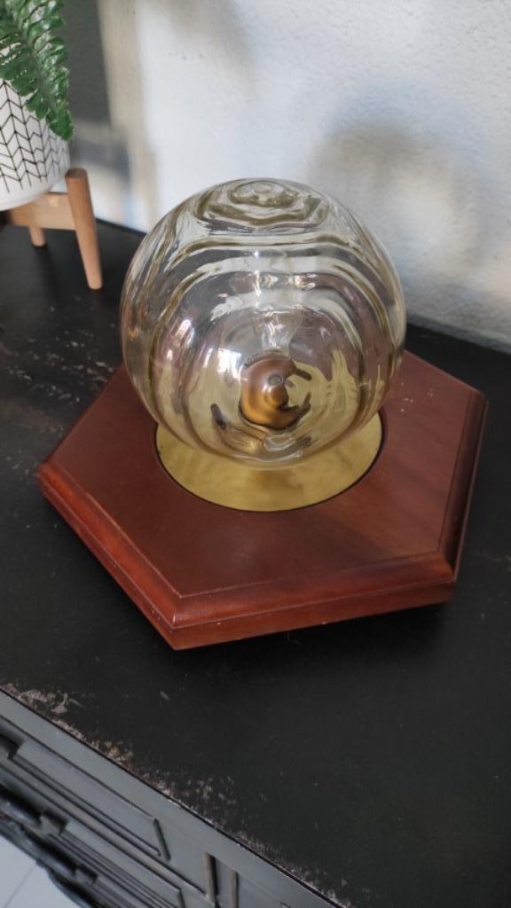 Vintage plafondlamp glas hout messing, Huis en Inrichting, Lampen | Plafondlampen, Gebruikt, Glas, Hout, Metaal, Ophalen of Verzenden