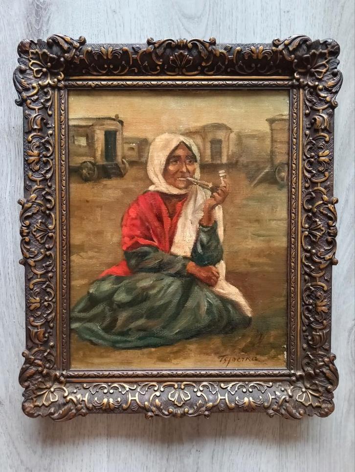 Zigeunerin met pijp bij woonwagens - Tsjoerka - 1930, Antiek en Kunst, Kunst | Schilderijen | Klassiek, Ophalen of Verzenden