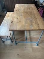 Industriële massief houten tafel met bankje, Huis en Inrichting, Tafels | Eettafels, Ophalen, Gebruikt, Eikenhout, 50 tot 100 cm