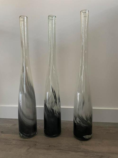 Glaskunst set van 3 Empoli vazen zwart wit opaline hand made, Huis en Inrichting, Woonaccessoires | Vazen, Zo goed als nieuw, Zwart