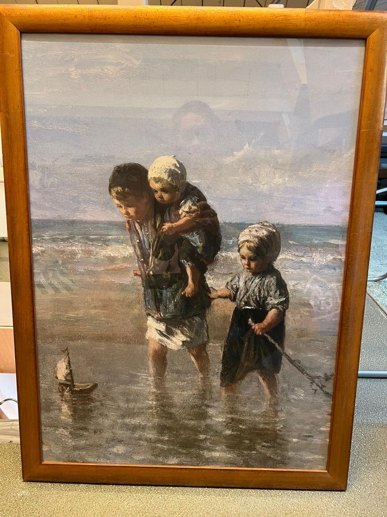 Oud schilderij : Strandtafereel met kinderen., Antiek en Kunst, Ophalen of Verzenden