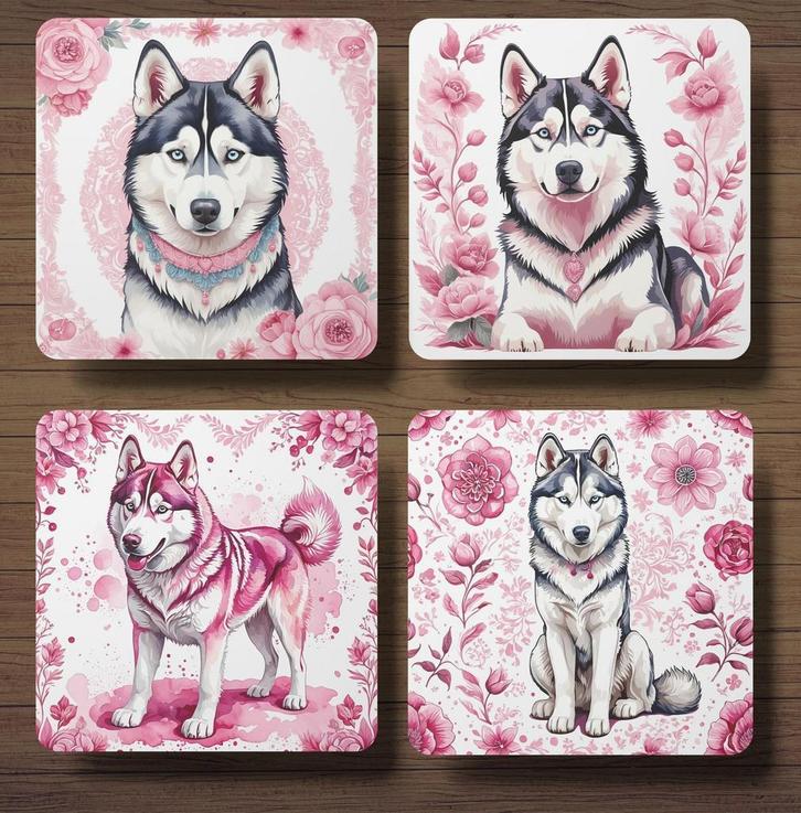 Husky Delfts Roze onderzetters met houder, Huis en Inrichting, Woonaccessoires | Onderzetters, Nieuw, Glas of Kopje, Ophalen of Verzenden