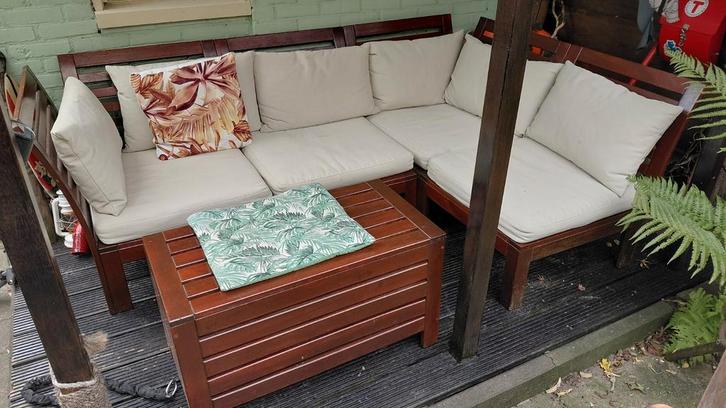 Houten Loungeset met Tafel - 5 Zitplaatsen, Tuin en Terras, Tuinsets en Loungesets, Gebruikt, Loungeset, Hout, 5 zitplaatsen, Bank