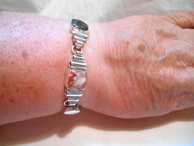 Echt zilveren schakel armband met 5 kleuren jaspis, Sieraden, Tassen en Uiterlijk, Antieke sieraden, Armband, Zilver, Met edelsteen