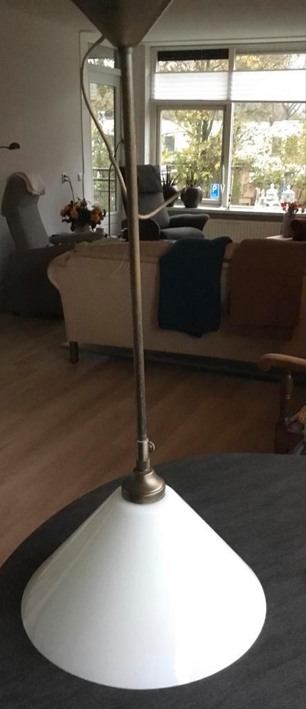 Twee Identieke Hanglampen - Verstelbaar. Brons messing, Huis en Inrichting, Lampen | Hanglampen, Gebruikt, 75 cm of meer, Glas