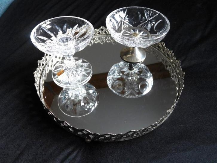 Vintage Spiegel Dienblad met Kristallen kaarshouder en, Huis en Inrichting, Woonaccessoires | Dienbladen, Gebruikt, Overige materialen
