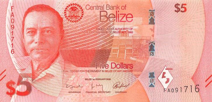Belize 5 Dollar 2025 Unc pn 74a, Postzegels en Munten, Bankbiljetten | Amerika, Los biljet, Midden-Amerika, Ophalen