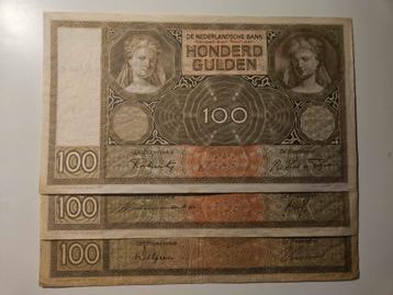 3 variaties 100 Gulden 1930 (Luitspelende Vrouw) Nu €87,50 beschikbaar voor biedingen