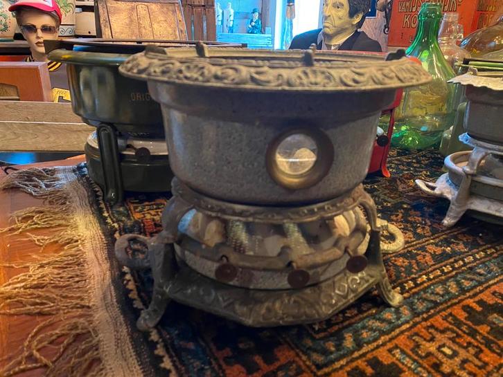 Grijs emaille/ gietijzer petroleumstel kooktoestel, Antiek en Kunst, Antiek | Emaille, Ophalen of Verzenden