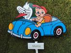 Geboortebord baby en ooievaar in blauwe auto., Ophalen, Nieuw, Geboortebord