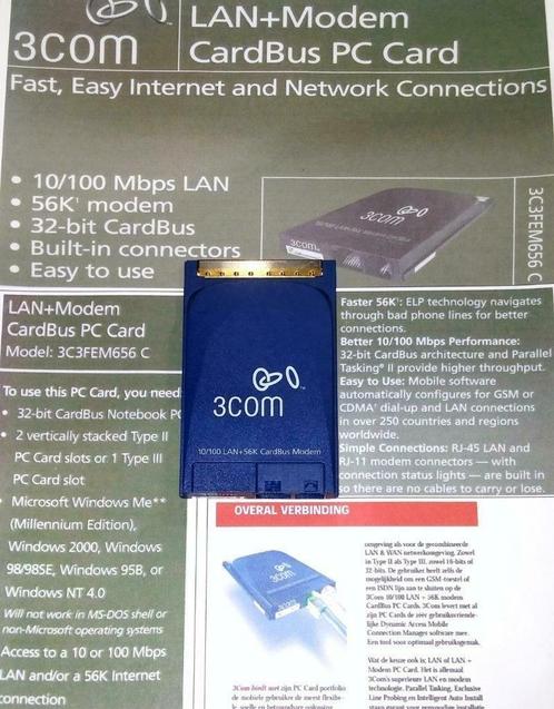 3Com 3C3FEM656 C PCMCIA netwerkkaart LAN 56K Xjack PC Card, Computers en Software, Vintage Computers, Ophalen of Verzenden