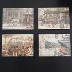Prentjes Anton Pieck 4 stuks in glazen lijstjes thema trein, Antiek en Kunst, Ophalen of Verzenden