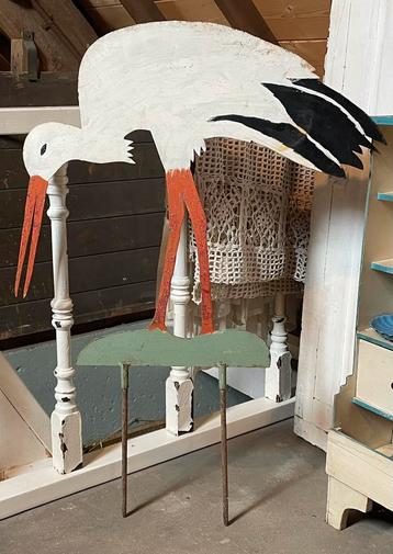 Brocante Antiek geboortebord Ooievaar handbeschilderd beschikbaar voor biedingen