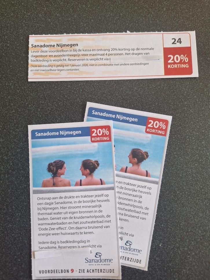 24 en 9 2025 Sanadome Nijmegen voor 20% korting max 4pers pb, Tickets en Kaartjes, Kortingen en Cadeaubonnen, Drie personen of meer